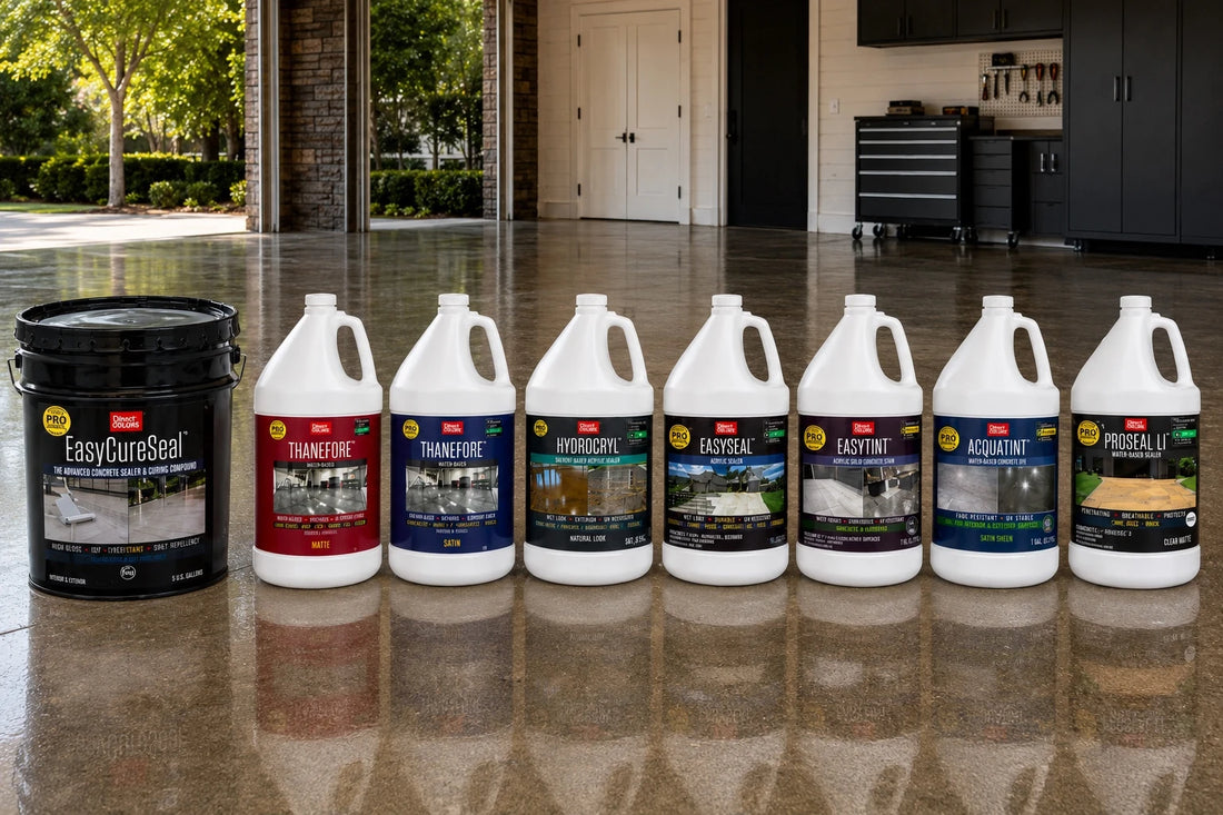Row of various concrete sealers on a reflective floor with a home exterior in the background