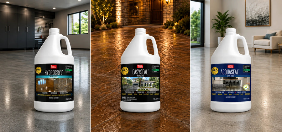 Direct Colors acrylic concrete sealer product lineup arranged side by side: HydroCryl, EasySeal, AcquaSeal, EasyCureSeal, AcquaTint, EasyTint, ProSeal Li, and ProWax Polish containers shown together
