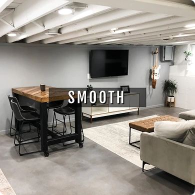 Modern living room with a dining area and television, featuring the word 'SMOOTH'.