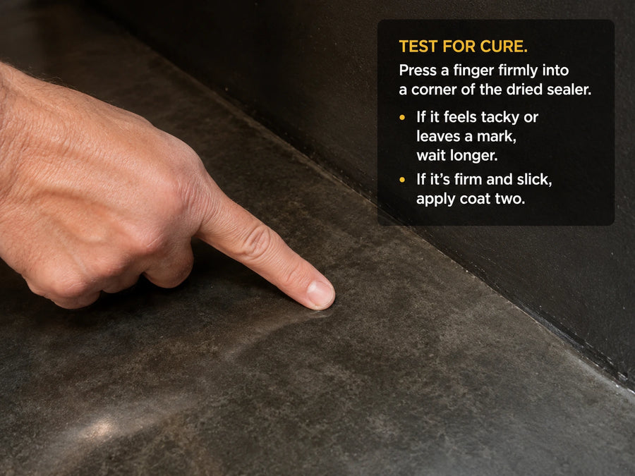 Finger pressed firmly into a corner of dried concrete sealer to test whether it is cured enough to recoat