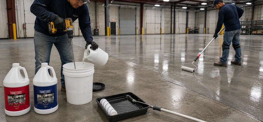ThaneForce two-component polyurethane being mixed and rolled onto a commercial slab