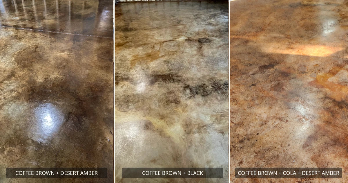 Three leather look acid stain color combinations shown side by side on concrete floors