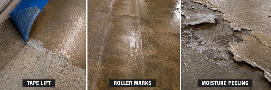 Three common pro sealer mistakes: tape pulling up coating, roller marks from cross-hatching, and film peeling from a moisture slab