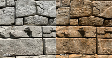Before A plain grey concrete retaining wall. After A beautiful richly colored retaining wall usin