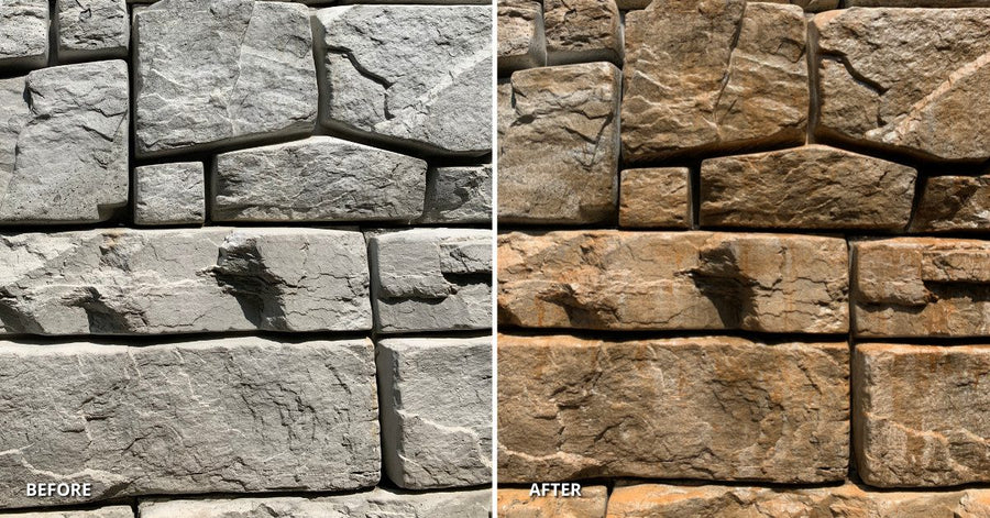 Before A plain grey concrete retaining wall. After A beautiful richly colored retaining wall usin