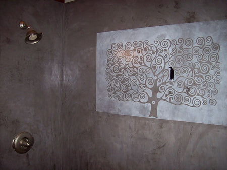Charcoal & White Stenciled Concrete Shower Wall