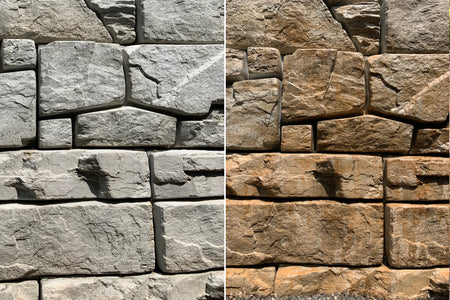 Split before-and-after close-up of gray textured concrete retaining-wall blocks transformed with warm Cafe Royale EasyTint