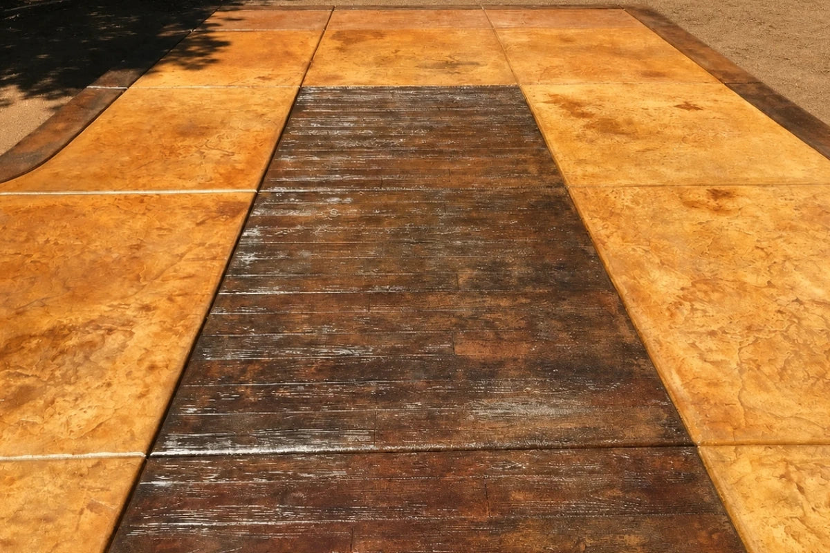 Wood-plank stamped concrete stained to look like rich brown wood with a Coffee Brown EverStain acid stain base and Cola and English Red highlights