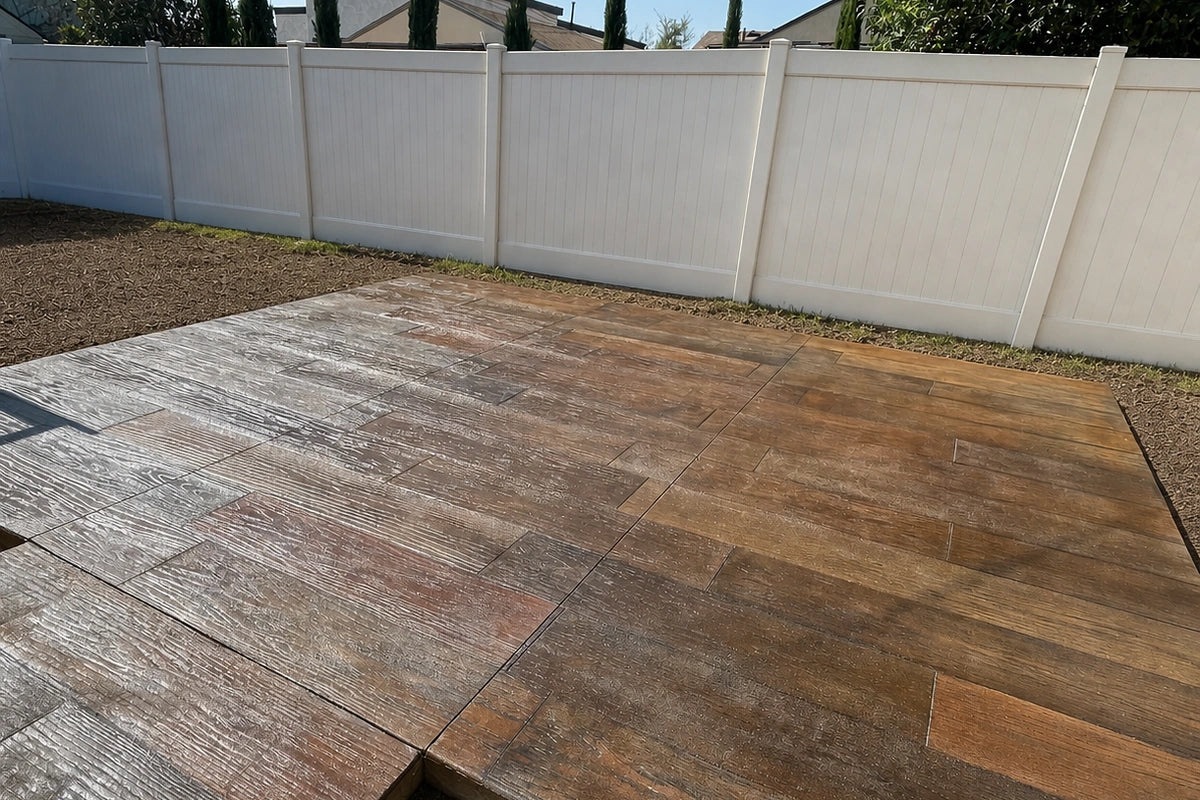 Finished wood-plank stamped patio colored with a Coffee Brown Vibrance dye base and Black and Charcoal Antiquing grain highlights