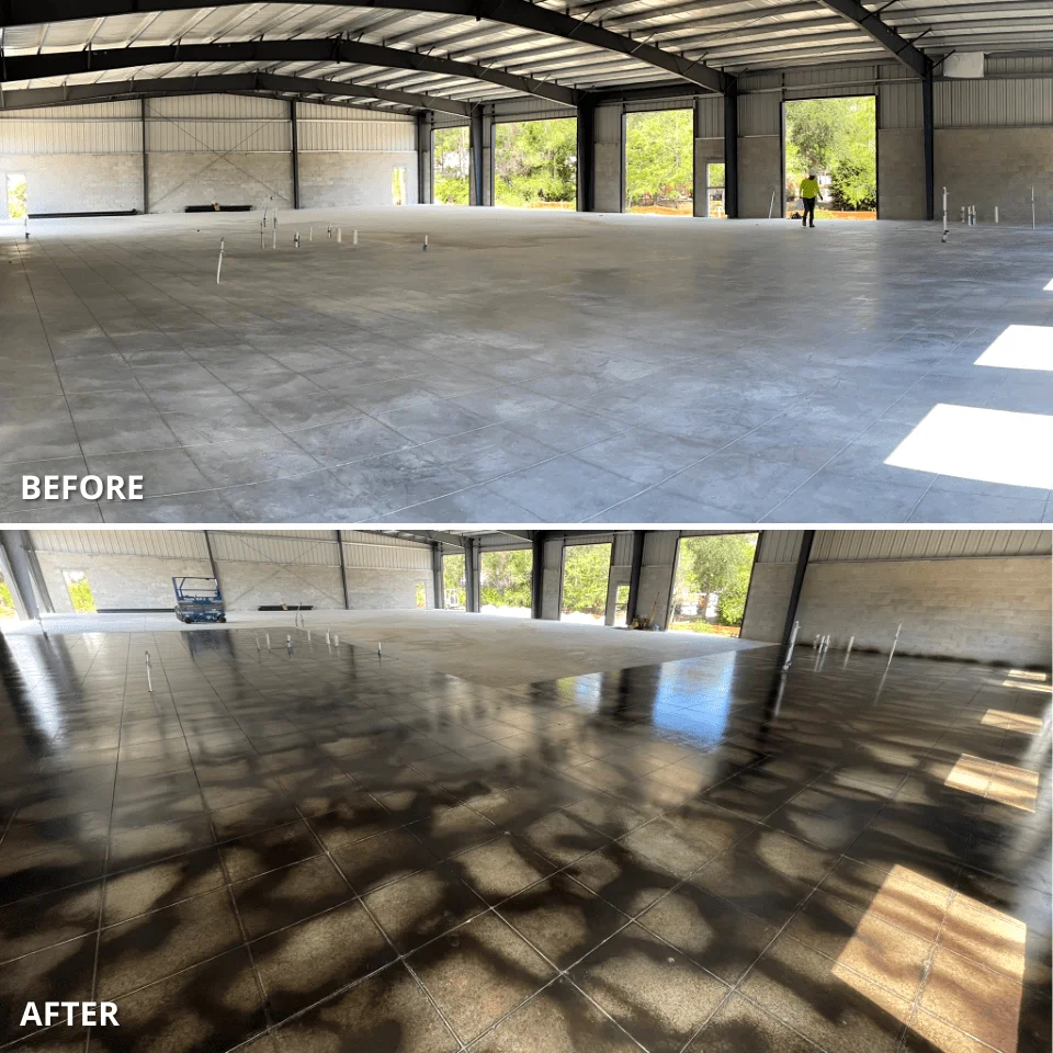 Before and after comparison of a concrete floor, showcasing the transformation from plain gray to a vibrant acid-stained surface.