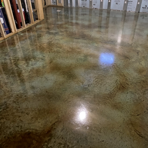 Concrete Basement Floor Stained Coffee Brown and Azure Blue