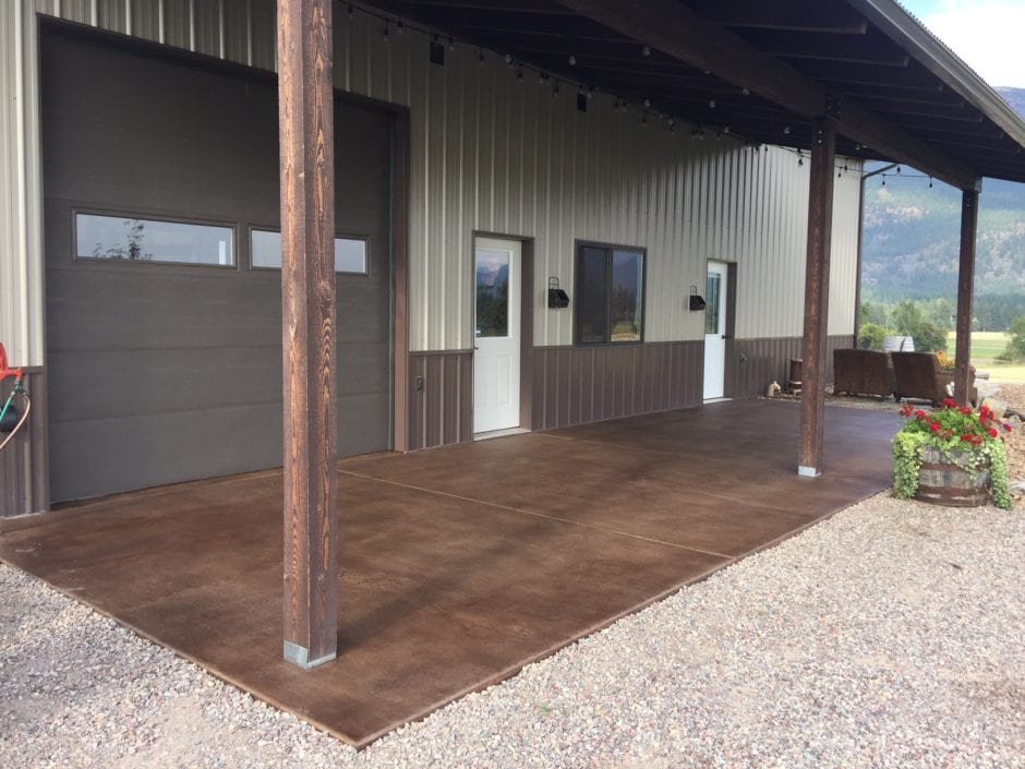 Pole Barn Concrete Patio Stained with Driftwood and Chocolate Antiquing Stains. Sealed with Satin Finish, Solvent-Based Acrylic Sealer