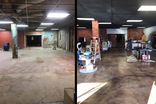Before and After Concrete Floor and Wall Stenciling with Concrete Overlay, Pigments and Stain
