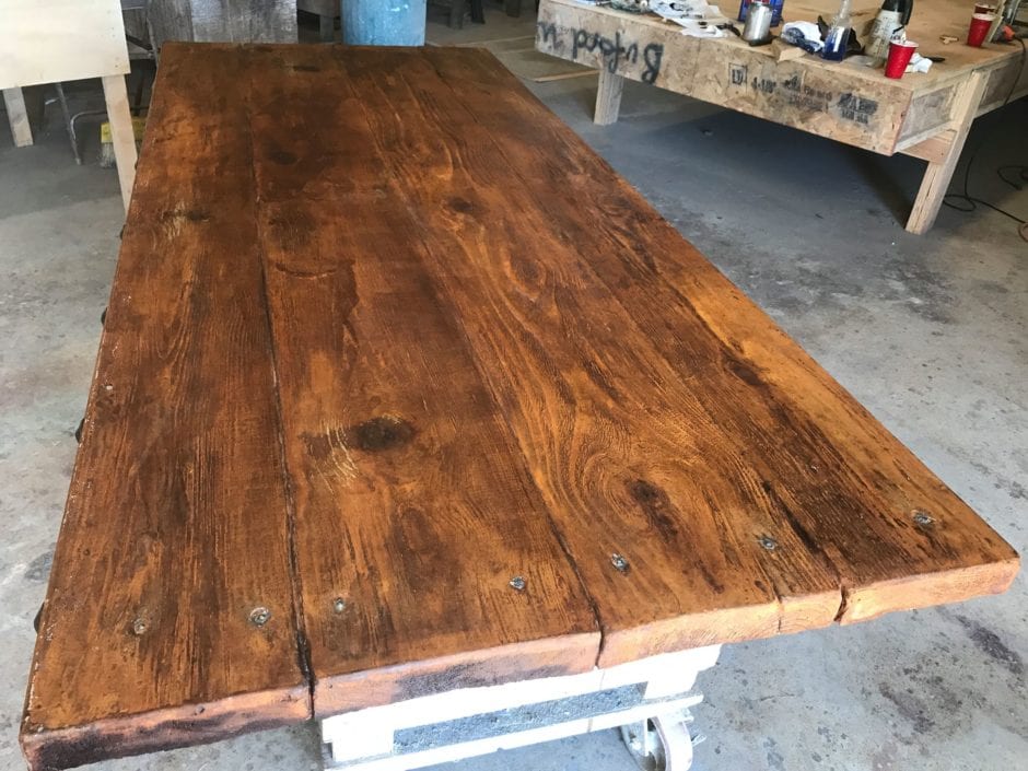 Concrete countertop stained to look like wood