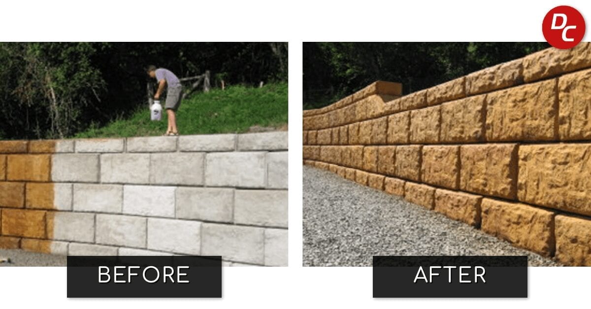 Acid Stained Retaining Wall Before and After Picture