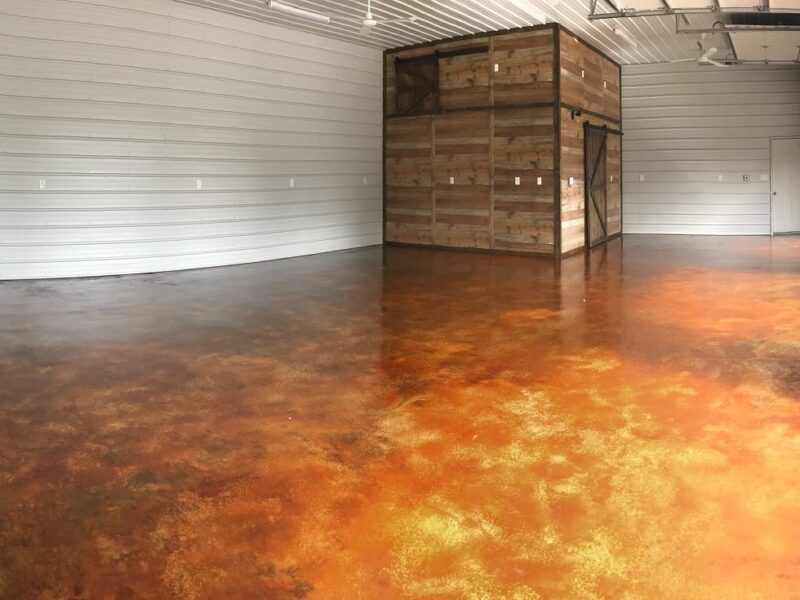 Cola acid stained garage concrete floor