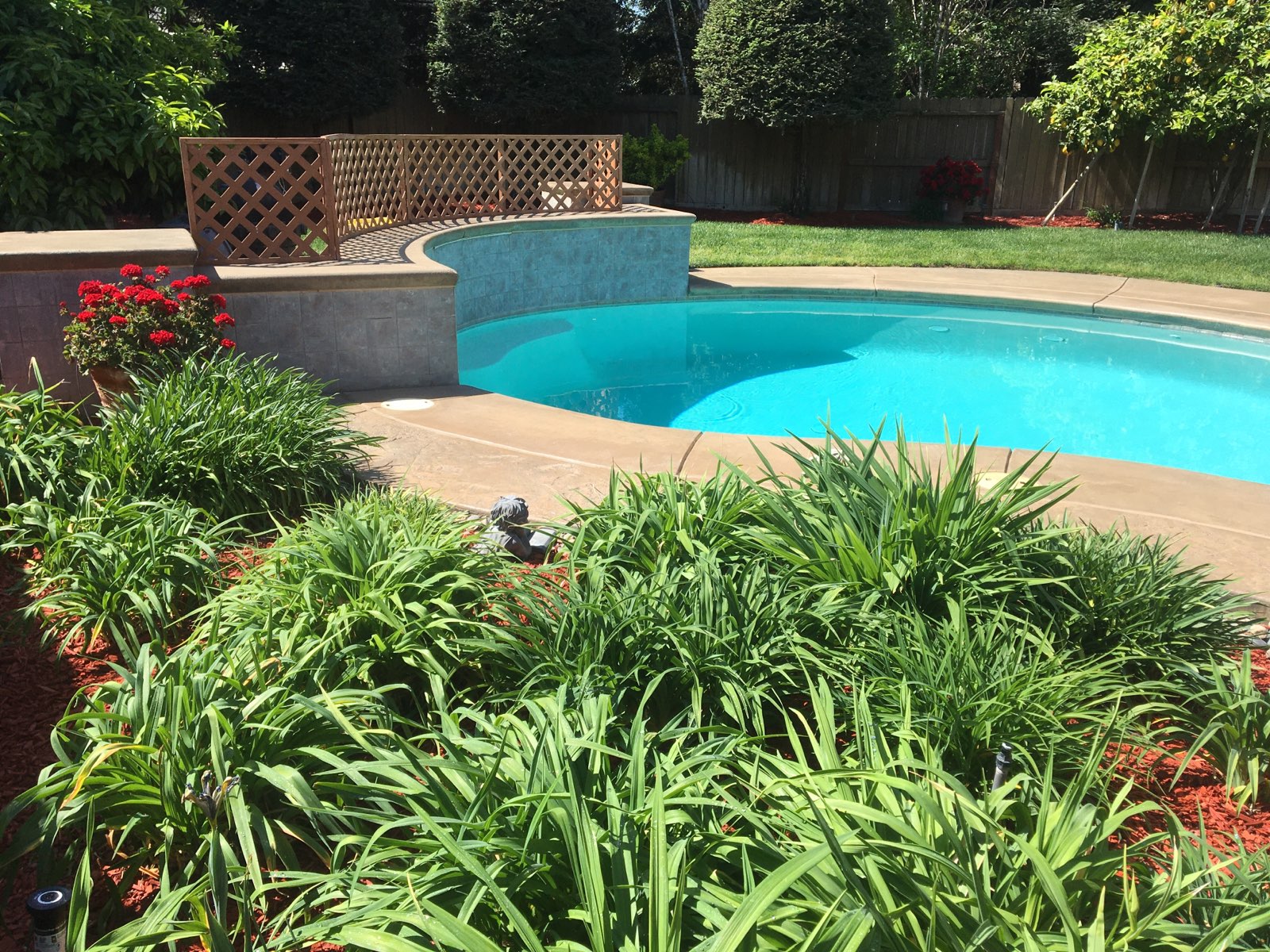 After photo of the spa area showing the revitalized stamped concrete, now stained in Khaki and sealed for a slip-free finish