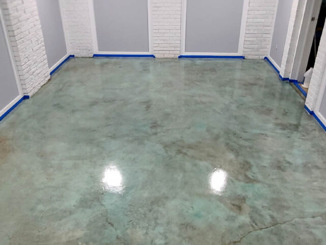 Azure Blue Stained Concrete Basement Floor