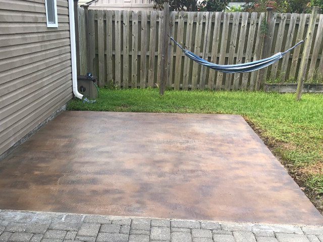 Khaki, Cafe Royale & Charcoal Antiquing Stains on Brushed Concrete Patio