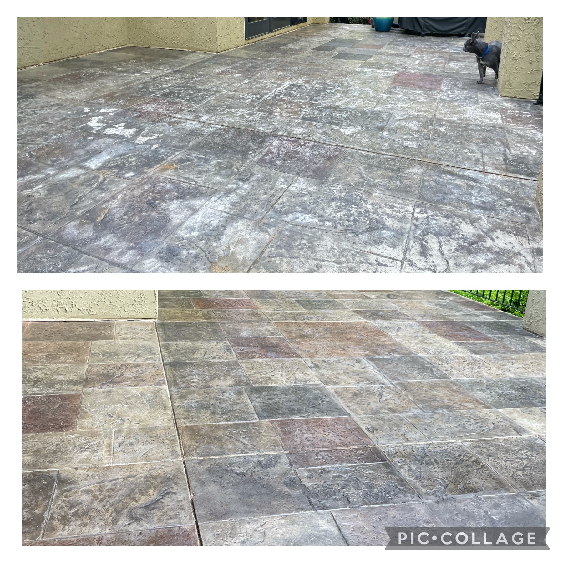 Before and after photo of stained faded concrete patio