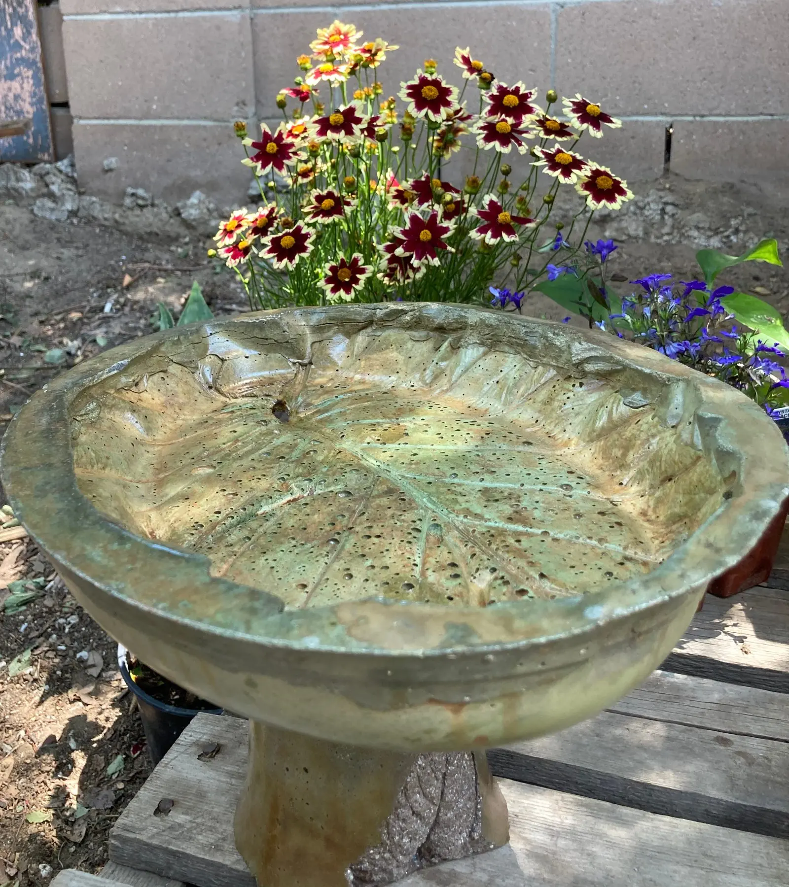 A tastefully stained bird bath showing the successful blending of two EverStain colors. The uneven surface and numerous crevices and divots of the bird bath are evident, demonstrating the intricate nature of the project