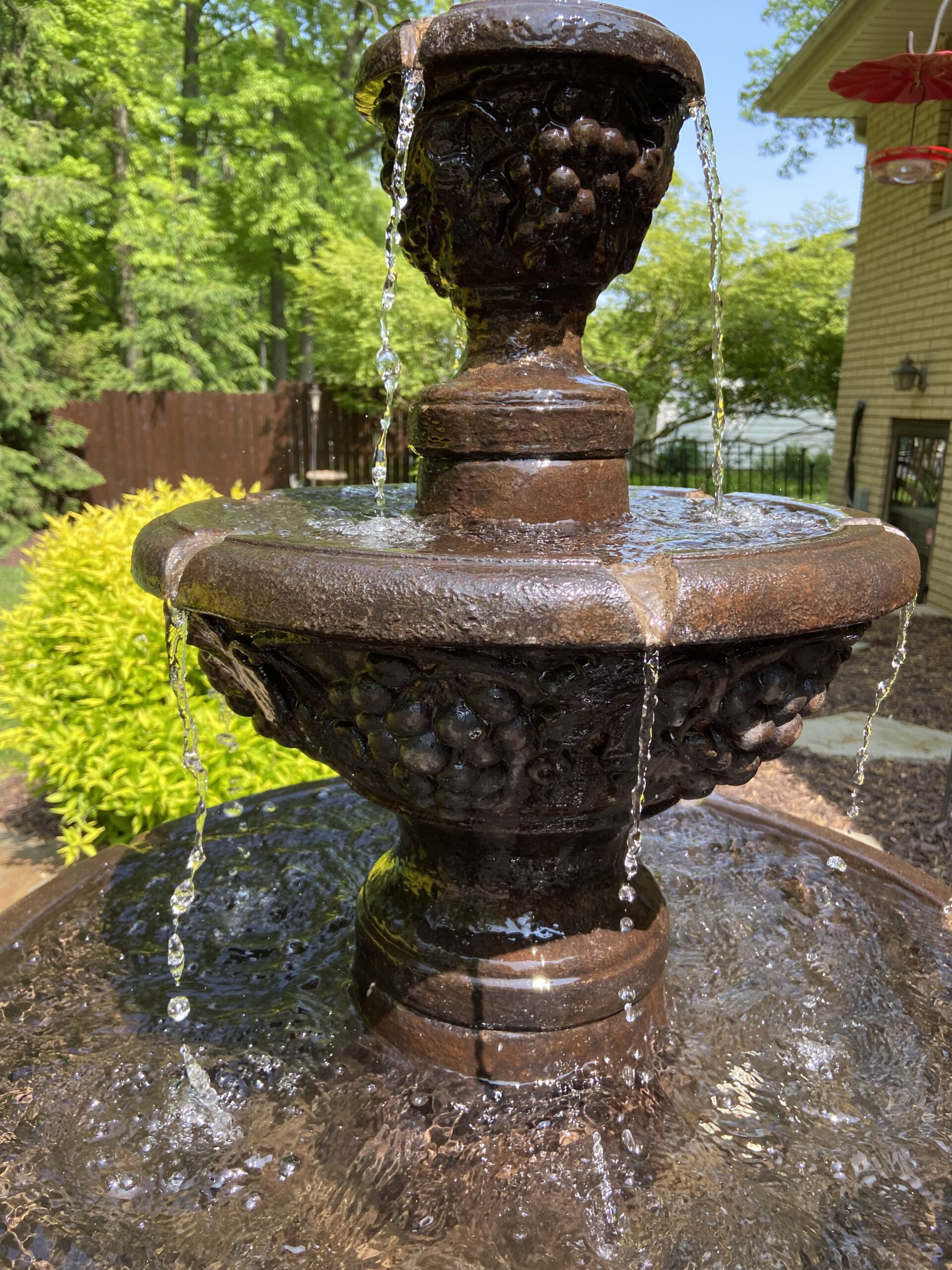 A beautifully restored three-tier fountain, with rich Coffee Brown color from EverStain Acid Stain and a protective layer of Penetrating Sealer, Hardener & Densifier.