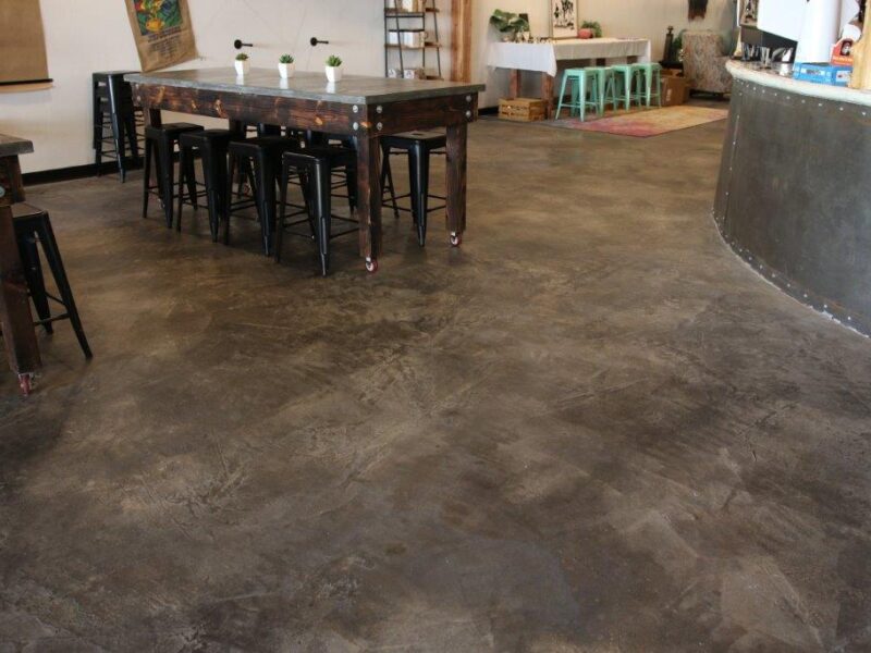 Coffee N' Crafts Concrete stained and sealed floor with tinted concrete sealer