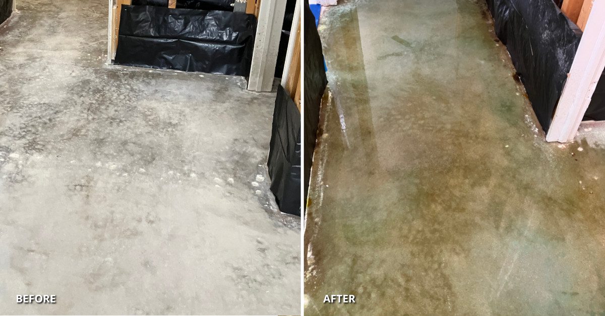 Before and after photo of a bathroom floor stained with black and seagrass acid stains