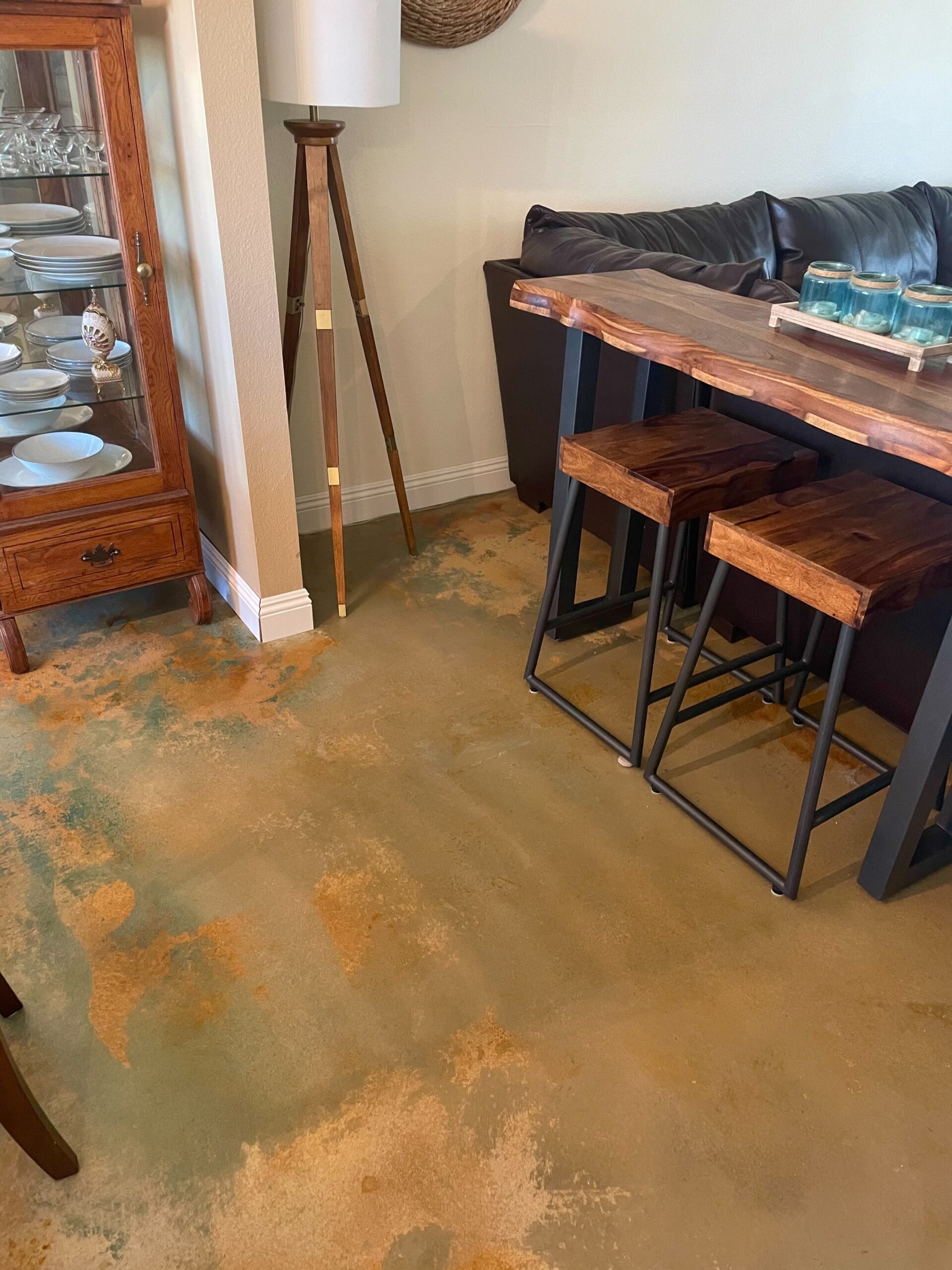Acid stained floor using Malayan Buff, Cola, & Seagrass colors