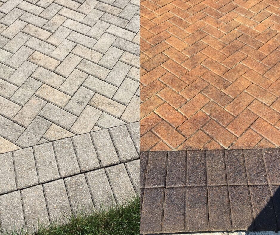 Before and After Images Stained Concrete Pavers