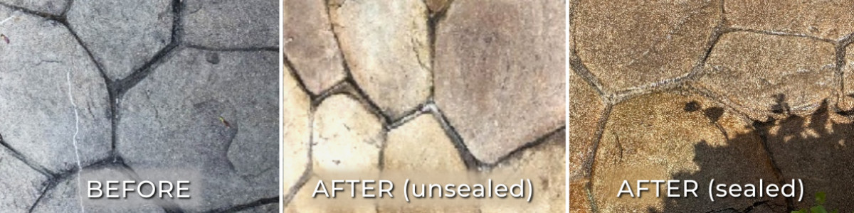 Before, During After Image of Stamped Concrete Stain