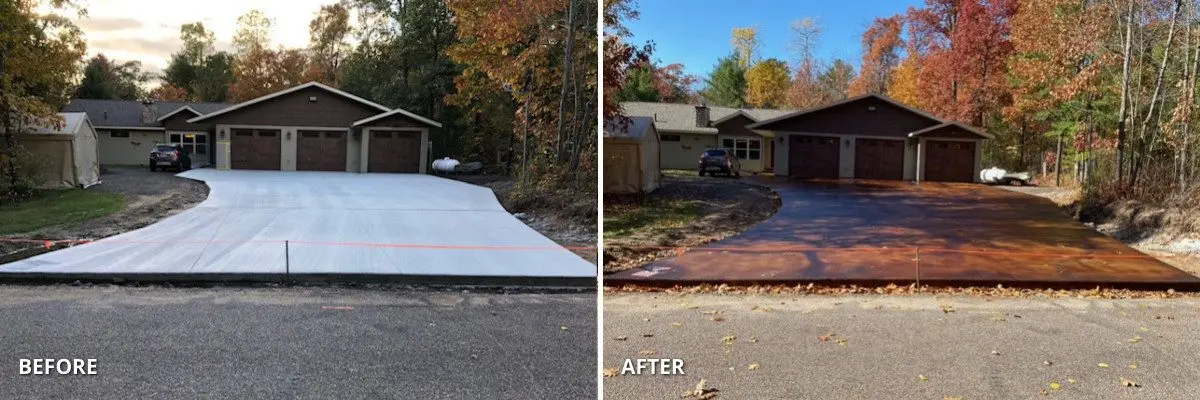 Before and After Transformation of Concrete Driveway with Malaysian Buff and Coffee Brown EverStain Acid Stains.
