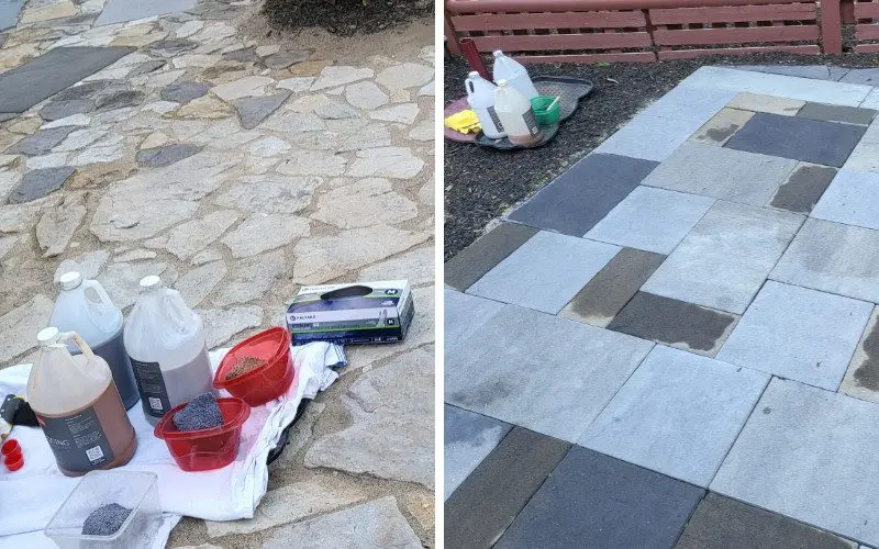 Application of Silver Gray, Charcoal, and Tweed Antiquing™ Stains with sponges to create a slate design on stamped concrete