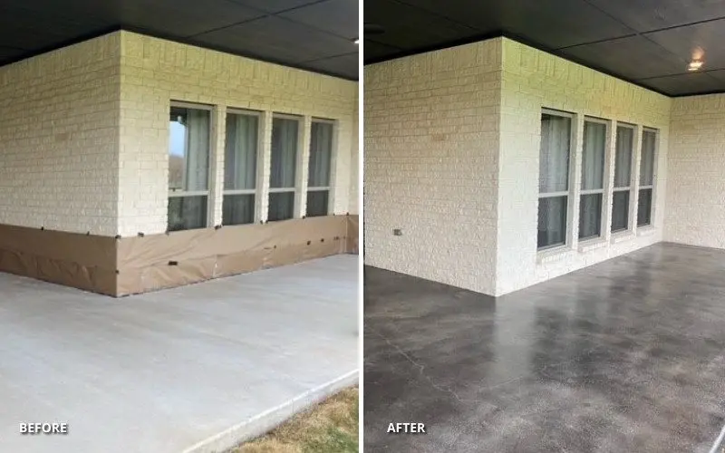 Before and after transformation of concrete patio with black stain