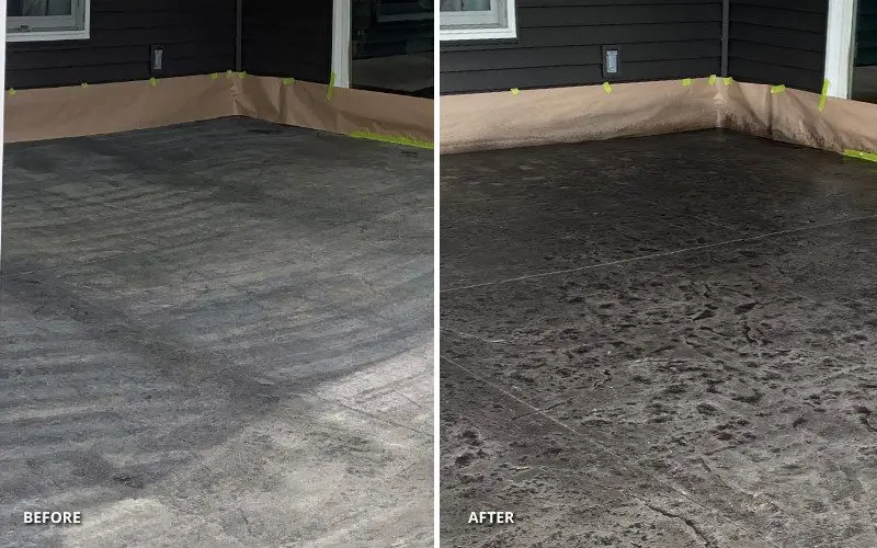 Before and after transformation of stamped concrete patio with Black Antiquing Stain.