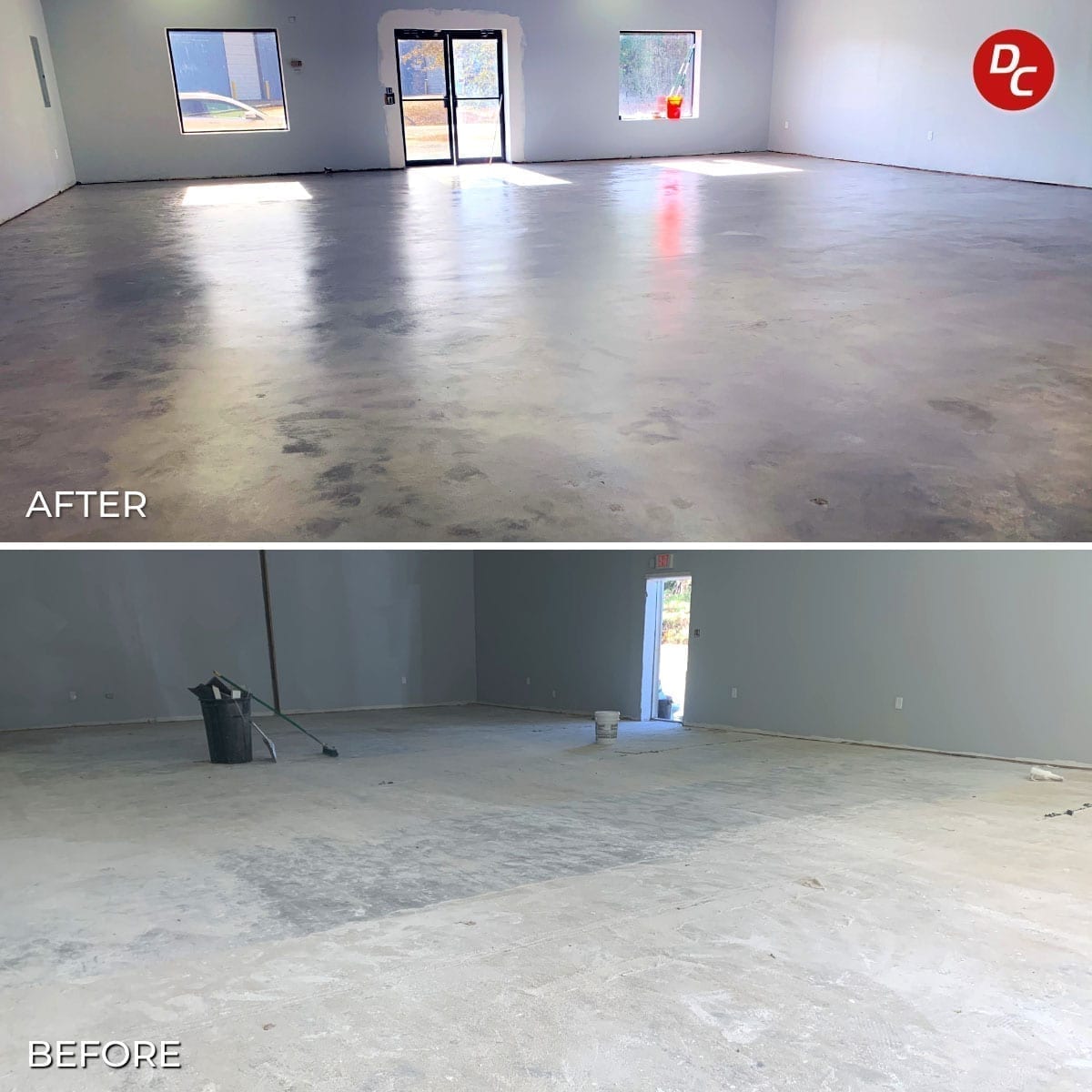 Concrete flooring in a business before and after concrete acid stain and sealer were applied.