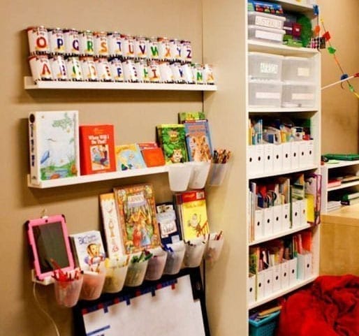 A child's homeschool classroom complete with some unique and creative storage options for all of their school supplies.