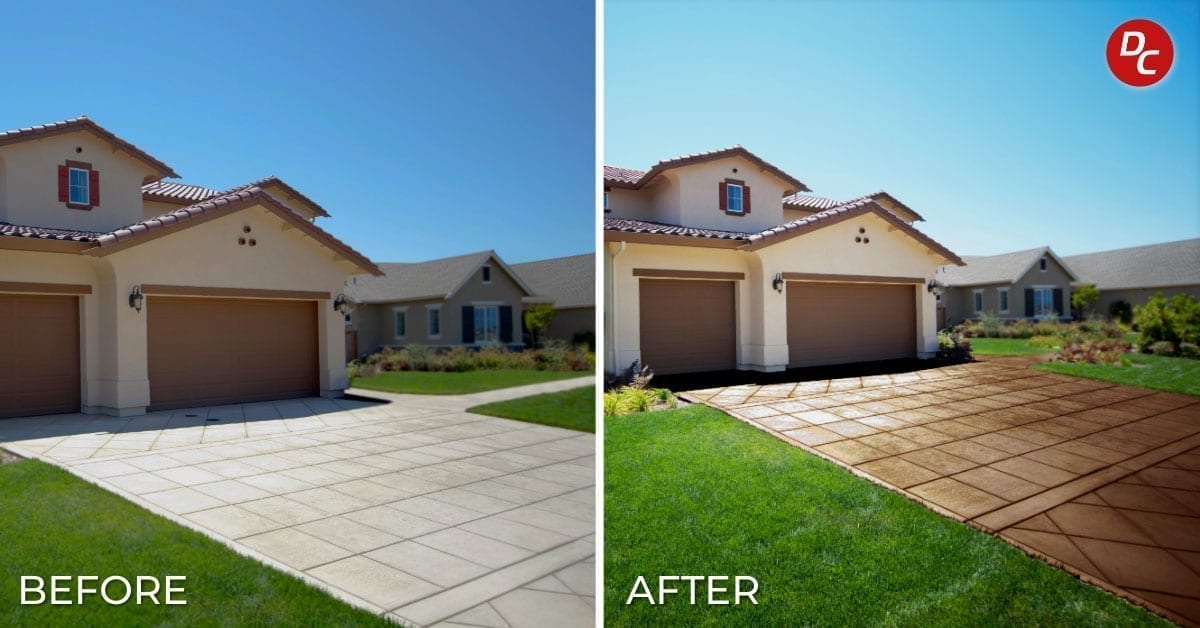 A before and after image of a stained concrete driveway, complete with a concrete sealer to protect it from the elements