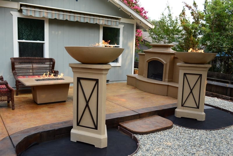 acid stained concrete patio and fire features