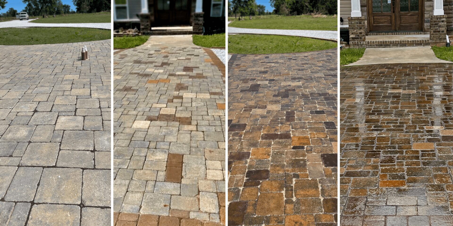 staining concrete pavers: before staining, applying stain, finished stained pavers, and sealed