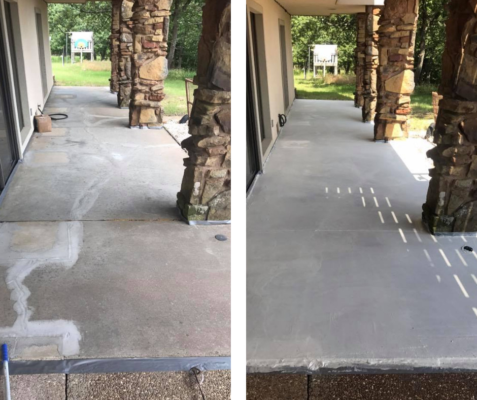 Refinished patio with concrete overlay repair, ready for acid staining