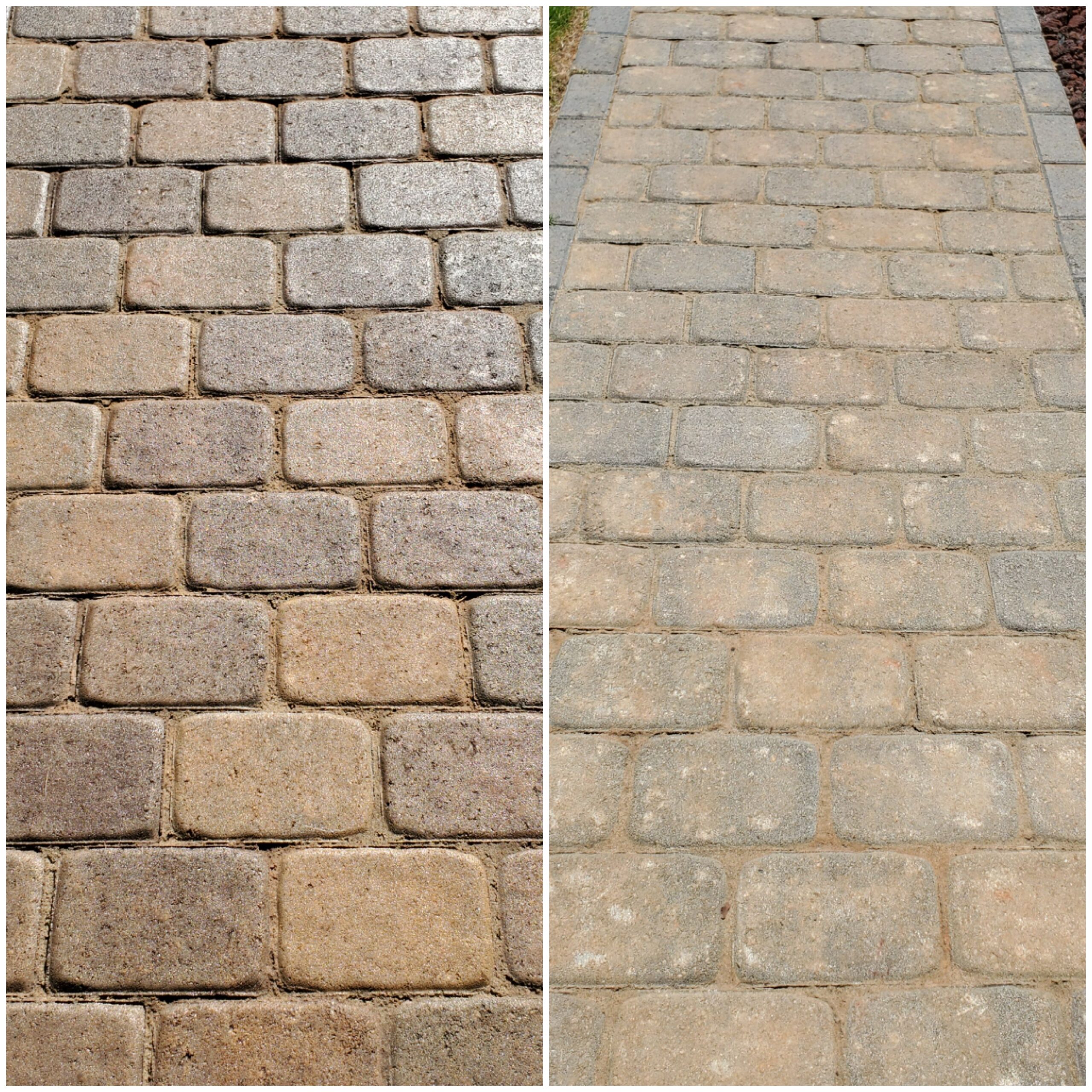 Before and after photo of stained concrete pavers