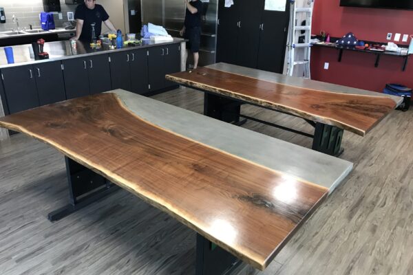 Charcoal Dye stained concrete and reclaimed wood dining table