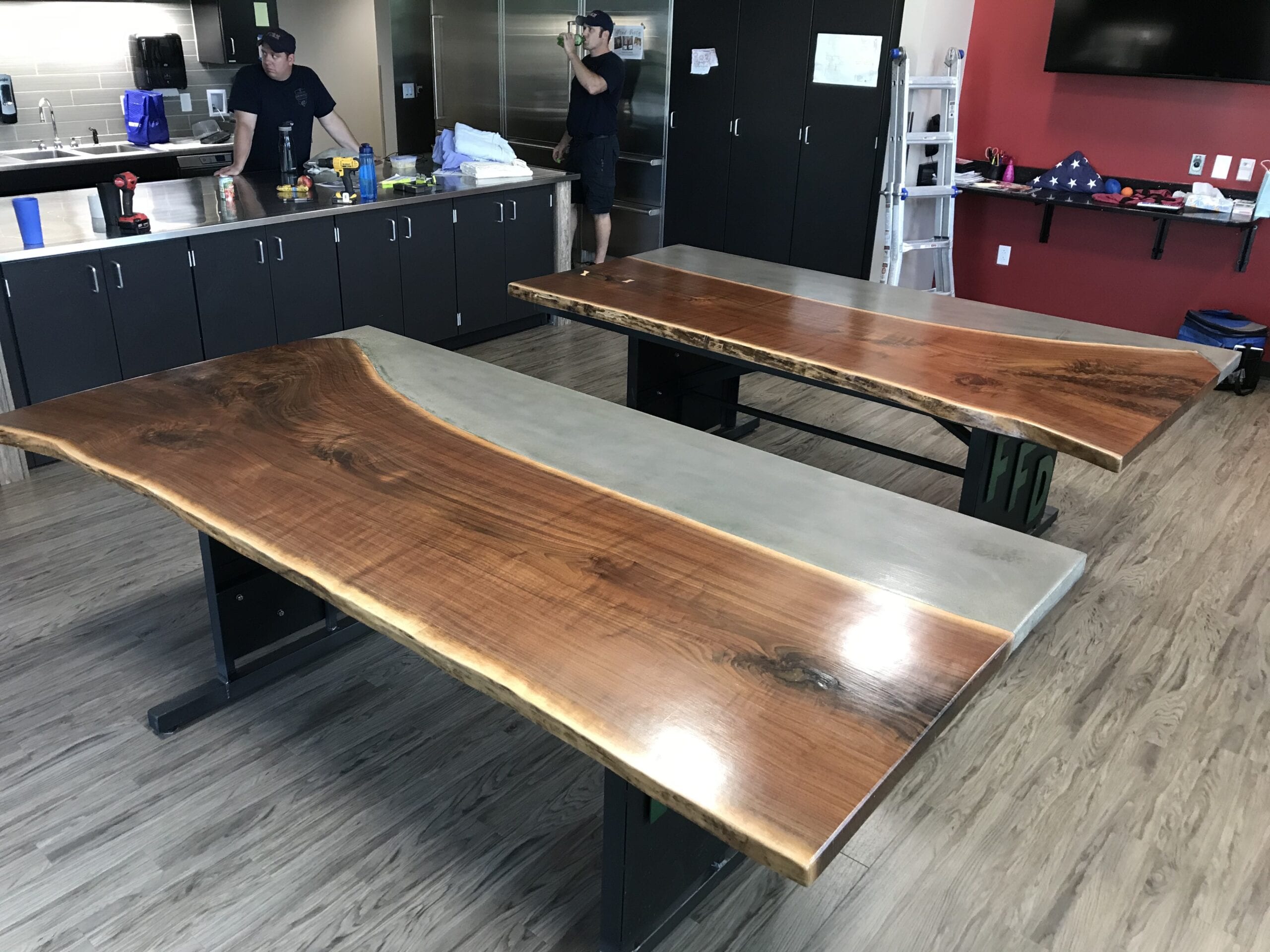 Charcoal Dye stained concrete and reclaimed wood dining table