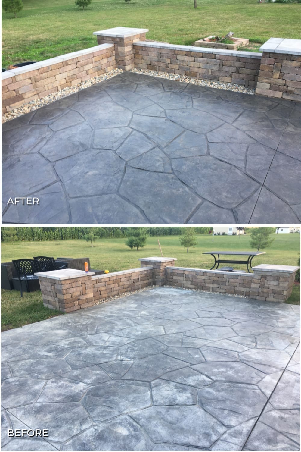 Before and After Recolored Stamped Concrete with Charcoal Antiquing Stains