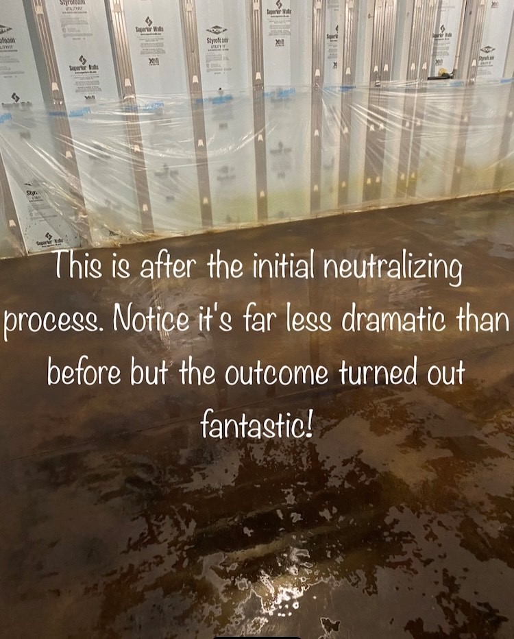 This image captures the floor after the initial rinse with ProClean Degreaser, effectively removing neutralizer and acid stain residues from the surface, as it progresses through the treatment process.