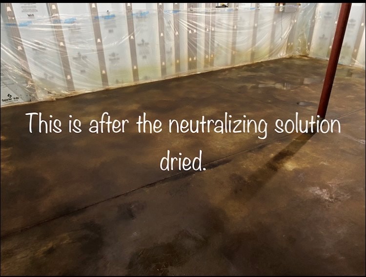 Neutralizing Acid Stain: In this image, the acid-stained floor has been treated with the ProClean Neutralizer solution, which has now dried, preparing the surface for the next steps in the process.