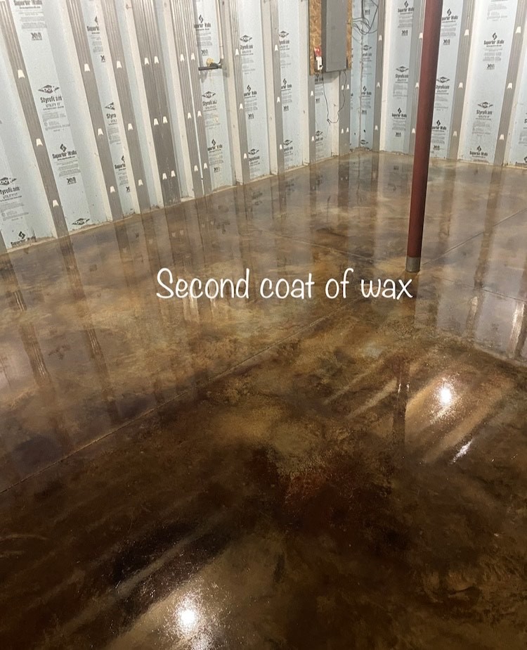 Acid stained and sealed concrete floor after second coat of ProWax Polish™ application