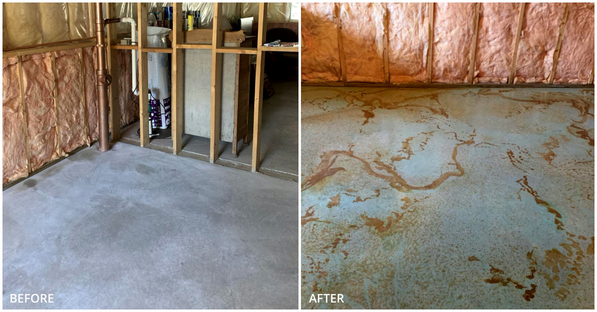 Acid Stained Basement Art Studio Concrete Floor Before and After Photo
