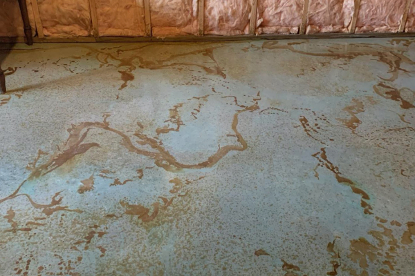 Art Studio in Basement Concrete Floor - Azure Blue, Malayan Buff, Cola Acid Stains- Stunning Acid Stained Concrete Floor - Turquoise